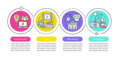 plantilla infográfica vectorial de diseño web. fotografía, estudio de diseño, acción. visualización de datos con cuatro pasos y opciones. gráfico de línea de tiempo del proceso. diseño de flujo de trabajo con iconos vector