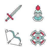 Medieval color icons set. Metal sword, knights helmet, battle shield, bow and arrow. Isolated vector illustrations