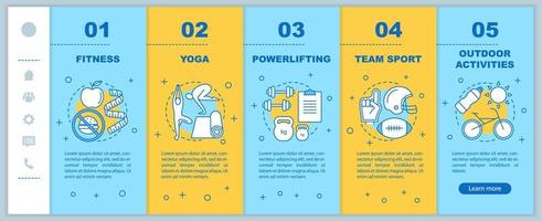 Sports activities onboarding mobile web pages vector template. Responsive smartphone website interface idea with linear illustrations. Fitness, yoga webpage walkthrough step screens. Color concept