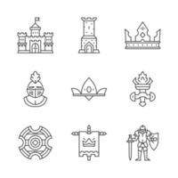 Medieval linear icons set. Kingdom, tower, king crown, helm, queen crown, burning torch, shield, flag, knight in armor. Thin line contour symbol. Isolated vector outline illustrations. Editable stroke