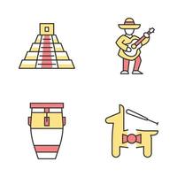 conjunto de iconos de color de la cultura mexicana. atracciones y entretenimiento latinoamericano. festividad del cinco de mayo. pirámide mexicana, guitarrista, conga, piñata. ilustraciones de vectores aislados