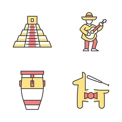 Mexican culture color icons set. Latin American attractions and entertainment. Cinco de Mayo festival. Mexican pyramide, guitar player, conga drum, pinata. Isolated vector illustrations