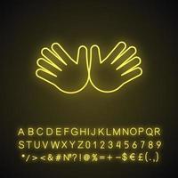 Open hands neon light icon. Jazz hands emoji. Hug gesture emoticon. Glowing sign with alphabet, numbers and symbols. Vector isolated illustration