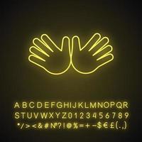 Open hands neon light icon. Jazz hands emoji. Hug gesture emoticon. Glowing sign with alphabet, numbers and symbols. Vector isolated illustration