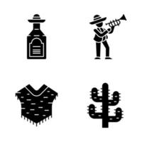 conjunto de iconos de glifo de cultura mexicana. bebida nacional, música, ropa, planta. tequila, músico con trompeta, poncho, cacto saguaro. símbolos de silueta. ilustración vectorial aislada