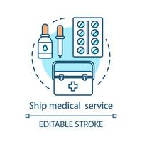 Ship medical service concept icon. First aid kit idea thin line illustration. Cruiseship amenities. Medical help, healthcare. Drops and pills. Nursing. Vector isolated outline drawing. Editable stroke