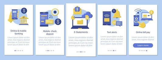 plantilla de vector de pantalla de página de aplicación móvil de banca en línea. cheque de depósito, estados de cuenta electrónicos, pago de facturas. gestión de finanzas instrucciones del sitio web de diseño plano. ux, ui, concepto de dibujos animados de interfaz de teléfono inteligente gui