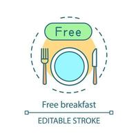 Free breakfast concept icon. Hotel amenities. Continental breakfast, beverage, plate and cutlery. In room dining idea thin line illustration. Vector isolated outline drawing. Editable stroke