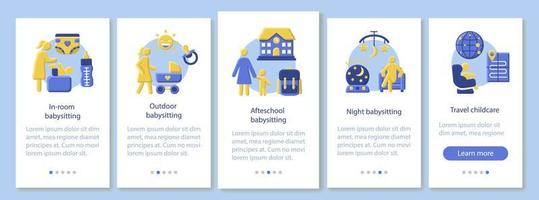 Hotel babysitting service onboarding mobile app page screen vector template. Night, travel, outdoor babysitter. Flat design website instructions. UX, UI, GUI smartphone interface cartoon concept