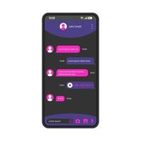 Chatting app smartphone interface vector template. Mobile page black design layout. Instant messages echange screen. Flat UI for application. Voice message, audio record sending. Phone display
