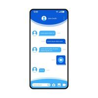 Instant messages app smartphone interface vector template. Mobile page blue design layout. Bubble chatting screen. Flat UI for application. Video sending. Media files exchange. Phone display