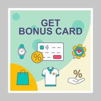 Get bonus card social media posts mockup. Special offer. Advertising web banner design template. Social media booster, content layout. Isolated promotion border, frame with headlines, linear icons vector