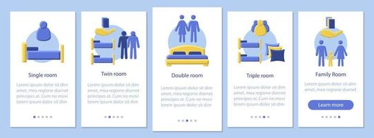 Room types onboarding mobile app page screen vector template. Apartment booking. Single, twin, double hotel room. Flat design website instructions. UX, UI, GUI smartphone interface cartoon concept