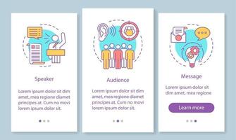 Rhetorical triangle onboarding mobile app page screen with linear concepts. Leadership skills. Speaker, audience, message walkthrough graphic instructions. UX, UI, GUI template with illustrations vector