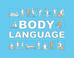 Body language concept icon. Confident postures, poses, gesturing. Nonverbal communication. Presentation, website. Isolated lettering typography idea with linear icons. Vector outline illustration