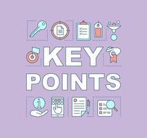 Key points, features concept icon. Tasklist. Task management. Data analyzing. Guide, documents. Presentation, website. Isolated lettering typography idea with linear icons. Vector outline illustration