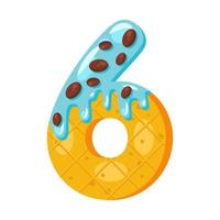 Donut cartoon six number vector illustration. Biscuit bold font style. Glazed symbol with icing. Tempting flat design typography. Cookies, waffle, chocolate math sign. Pastry, bakery isolated clipart