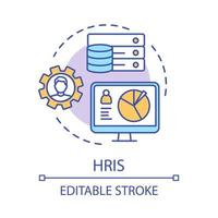 HRIS concept icon. HR software idea thin line illustration. Human resource information system. Storing employee data. Recruitment process. ERP program. Vector isolated outline drawing. Editable stroke
