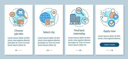 Internship program onboarding mobile app page screen vector template. Work searching software. Student practice. Walkthrough website steps, linear illustrations. UX, UI smartphone interface concept