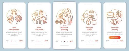 gestión de talentos incorporando la pantalla de la página de la aplicación móvil con conceptos lineales. mano de obra, adquisición de talento. Instrucciones gráficas de los pasos del tutorial de pasantía. ux, ui, plantilla vectorial gui, ilustraciones vector
