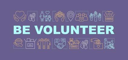 Volunteer training program word concepts banner. Charity, donation. Charitable nonprofit organization. Presentation, website. Isolated lettering idea with linear icons. Vector outline illustration