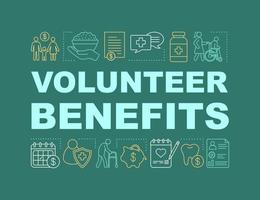 Volunteering benefits word concepts banner. Charity. Presentation, website. Nonprofit organization. Charitable foundation. Isolated lettering typography with linear icons. Vector outline illustration