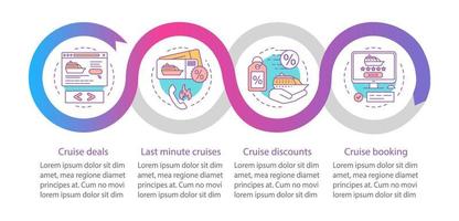 Cruise vector infographic template. Cruise deals, discounts, booking. Business presentation design elements. Data visualization with steps and options. Process timeline chart. Workflow layout