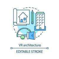 icono del concepto de arquitectura de realidad virtual. vr 360 grados lugar de trabajo. desarrollo de edificios. presentación 3d arquitecto proyecto idea iconos de línea delgada. dibujo de contorno aislado vectorial. trazo editable vector