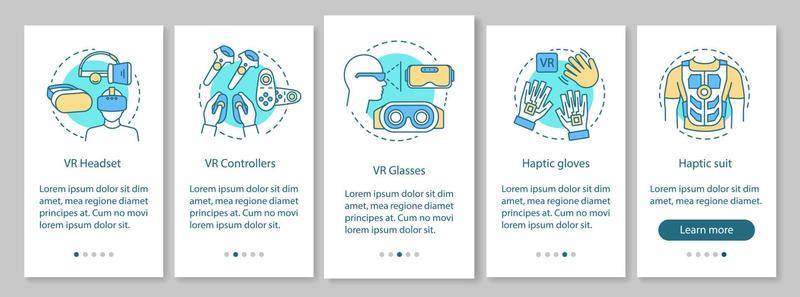 Virtual reality device onboarding mobile app page screen with linear concept. VR headset, controller, haptic gloves, suit walkthrough steps graphic instructions. UX, UI, GUI vector template with icons