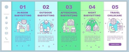 Hotel babysitting service onboarding mobile web pages vector template. Night, travel, outdoor babysitter. Responsive smartphone website interface idea. Webpage walkthrough step screens. Color concept