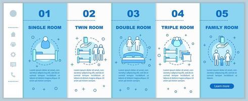 Room types onboarding mobile web pages vector template. Apartment booking. Single, twin, double hotel room. Responsive smartphone website interface idea. Webpage walkthrough step screen. Color concept