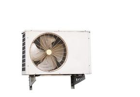 Compressor of air conditioner show blade of fan on isolated white background photo