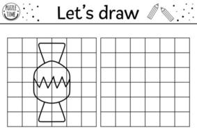 Complete the sweet picture. Vector drawing practice worksheet. Printable black and white activity for pre-school children. Copy the picture game for kids with cute candy