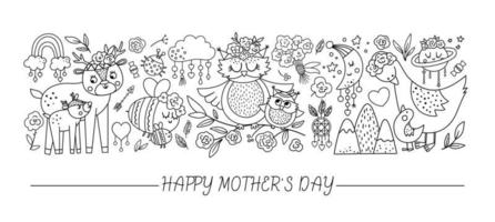 Vector black and white horizontal set with Mothers day characters and elements. Card template design with cute forest baby animals showing family love. Funny line boho style holiday border.