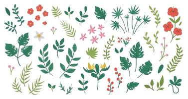 Vector tropical flowers leaves and twigs clip art. Jungle foliage and florals illustration. Hand drawn flat exotic plants isolated on white background. Bright childish summer greenery picture.