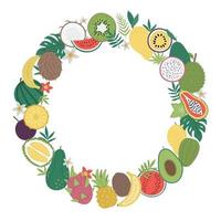 Vector round frame with tropical fruit and berries with slices and halves. Jungle foliage banner design framed in circle. Cute funny card template with exotic plants.