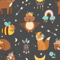 Vector seamless pattern with woodland animals, rainbow, dreamcatcher. Boho forest repeating background. Bohemian digital paper with fox, owl, bear, deer, ladybug with flowers on heads.