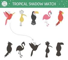 actividad de combinación de sombras tropicales para niños. rompecabezas de la selva preescolar. lindo acertijo educativo exótico. encuentre la hoja de trabajo imprimible correcta de la silueta del pájaro. sencillo juego de verano para niños vector