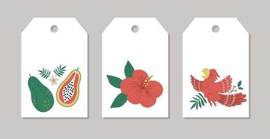 Set of vector summer gift tags, labels, pre-made designs with tropical bird, flowers, fruit. Funny exotic card templates with cute jungle characters.