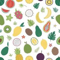 Vector seamless pattern with tropical fruit and berries with slices and halves. Jungle foliage background. Hand drawn flat exotic plants texture. Bright childish digital paper with healthy summer food