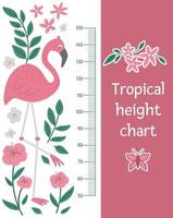 tabla de altura linda vectorial con flamenco rosa, hojas tropicales y mariposa. divertida decoración de pared con pájaro exótico. imagen plana brillante para niños. cartel del medidor de verano de la jungla para niños vector