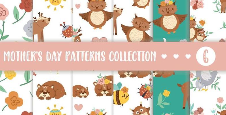 Vector seamless pattern collection with cute boho baby animals and parents. Funny woodland animal repeating backgrounds set. Mothers Day digital paper. Mother and child texture pack.