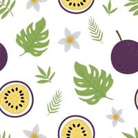 Vector passion fruit seamless pattern. Jungle fruit repeat background. Hand drawn flat exotic texture d. Bright childish healthy tropical summer food digital paper.