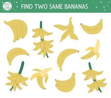 Find two same bananas. Tropical matching activity for preschool children with cute tropic fruits. Funny jungle puzzle for kids. Logical quiz worksheet. Simple summer game for kids vector