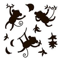 conjunto vectorial con lindos monos y siluetas de plátanos aislados en fondo blanco. divertidos animales tropicales e ilustraciones de frutas negras. diseño de sombras de verano de la jungla para niños vector