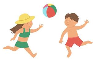 Vector kids playing ball in swimsuits. Children doing beach activity. Cute boy and girl having fun on the seashore. Funny summer illustration