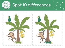 Juego tropical de encontrar diferencias para niños. actividad preescolar tropical de verano con mono colgando de una liana en un árbol de plátano. rompecabezas con lindos personajes sonrientes divertidos. vector