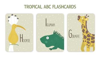 Colorful alphabet letters G, H, I. Phonics flashcard with tropical animals, birds, fruit, plants. Cute educational jungle ABC cards for teaching reading with funny hoopoe, giraffe, iguana.