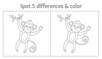 tropical encuentra diferencias y juego de colores para niños. actividad preescolar tropical en blanco y negro de verano con mono. divertida página para colorear para niños vector