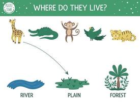 Where do they live. Matching activity for children with tropical animals and place they live in. Funny jungle puzzle. Logical quiz worksheet. Simple summer game for kids vector